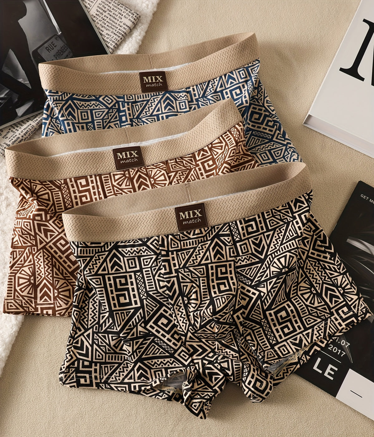 Boxer large respirant coton homme — lot de 5, géométrique