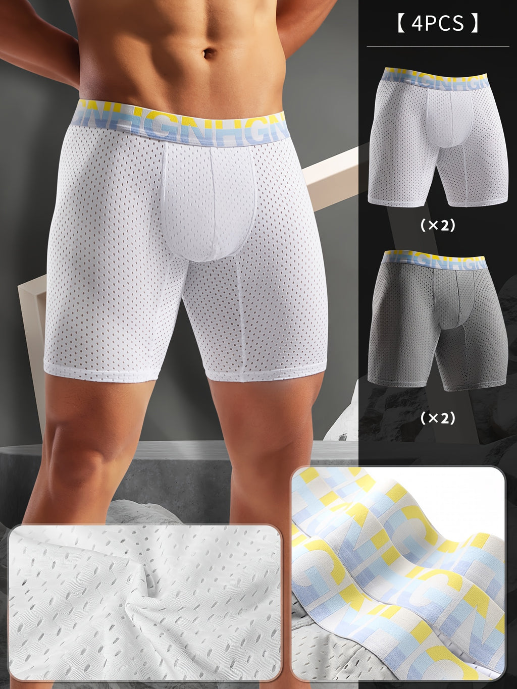 Boxer long de sport microfibre homme — lot de 4, uni