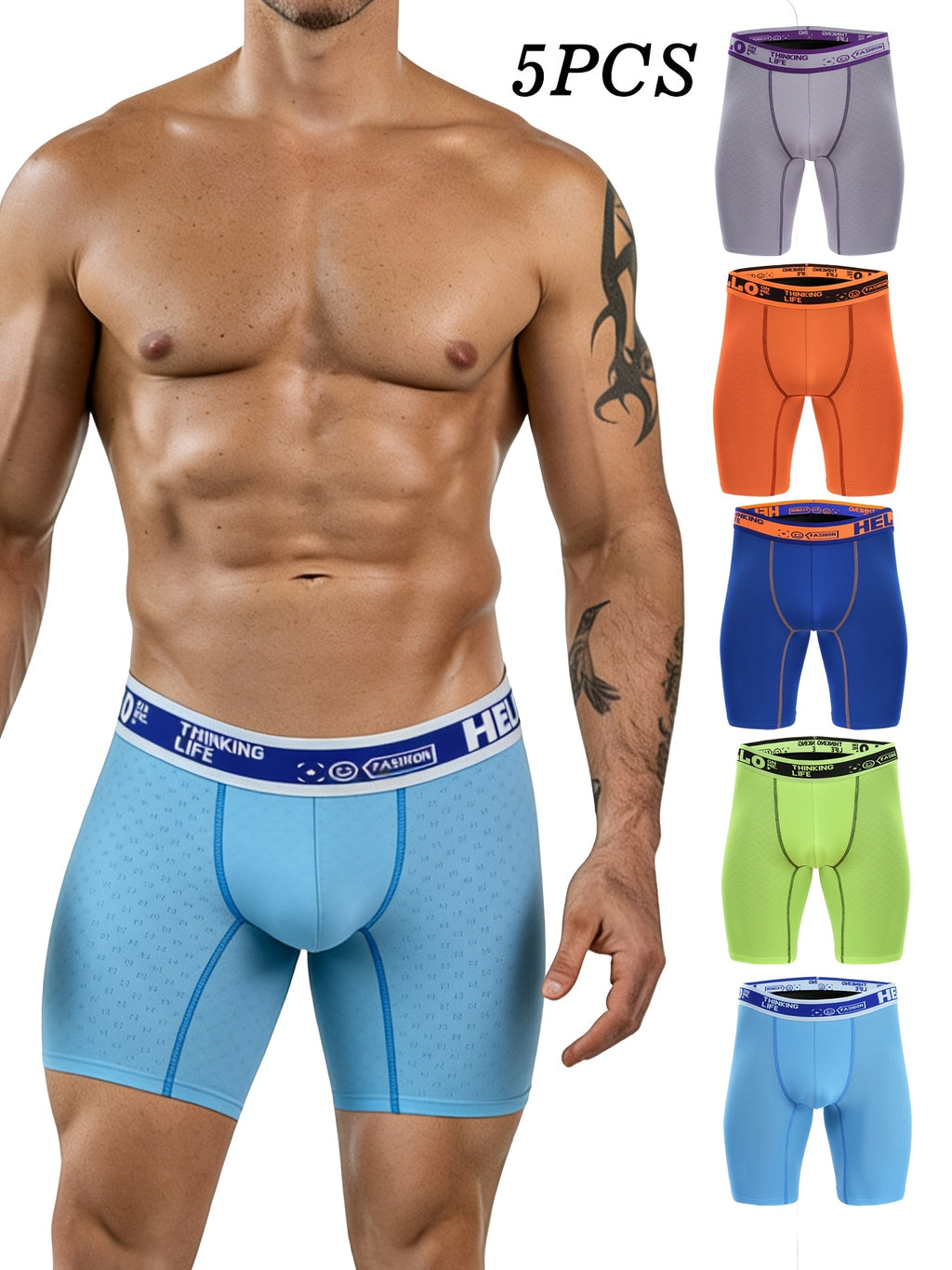 Boxer long de sport microfibre homme — lot de 5, uni, assortiment E