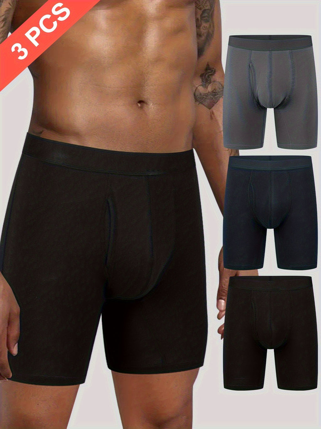 Boxer long extensible coton homme — lot de 3, uni — vue 9
