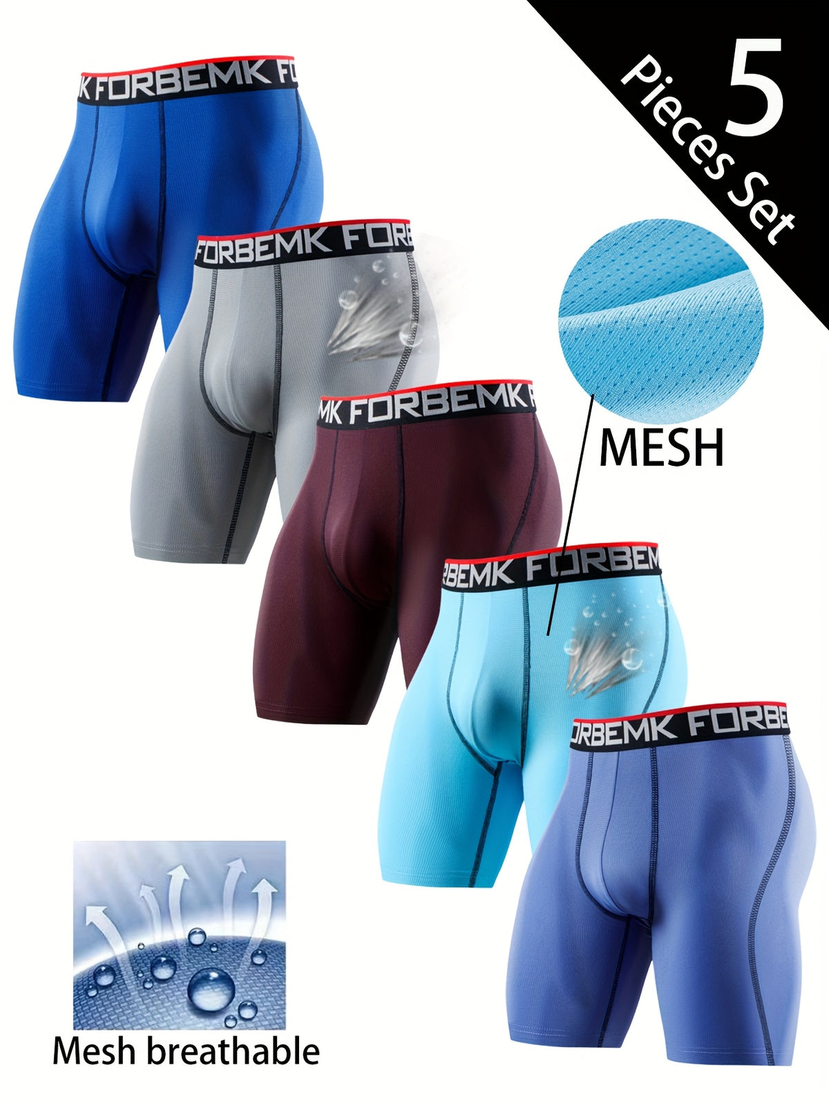Boxer long de sport microfibre homme — lot de 5, uni, assortiment B