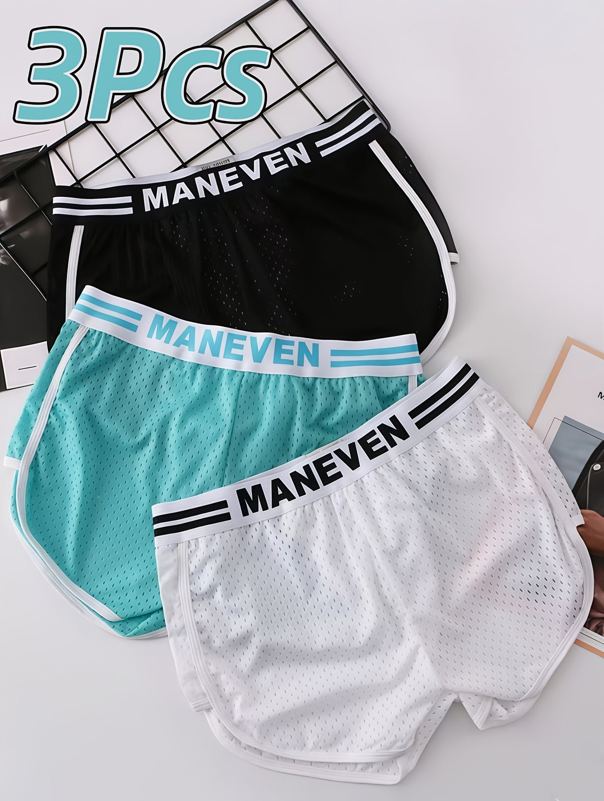 Boxer respirant microfibre homme — lot de 3, bleu-vert+blanc+noir