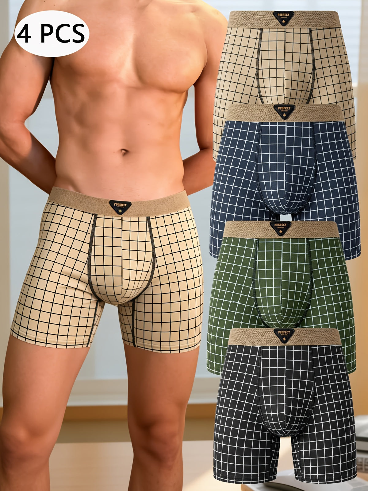 Boxer long respirant microfibre homme — lot de 4, à carreaux