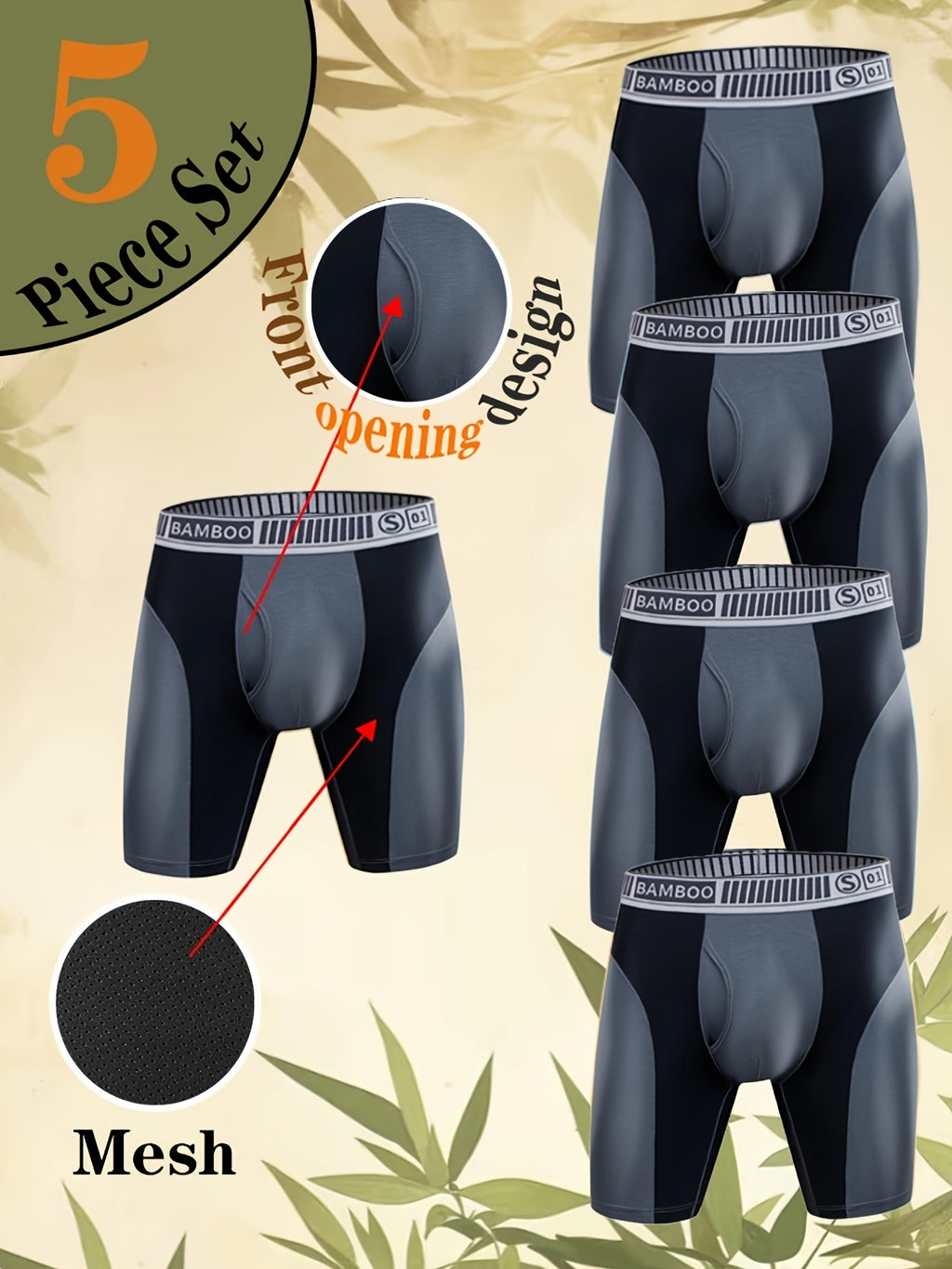 Boxer séchage rapide respirant bambou homme — lot de 5, uni
