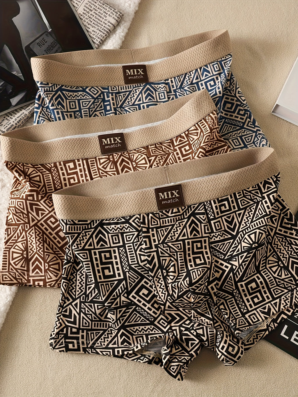 Boxer large respirant coton homme — lot de 5, géométrique