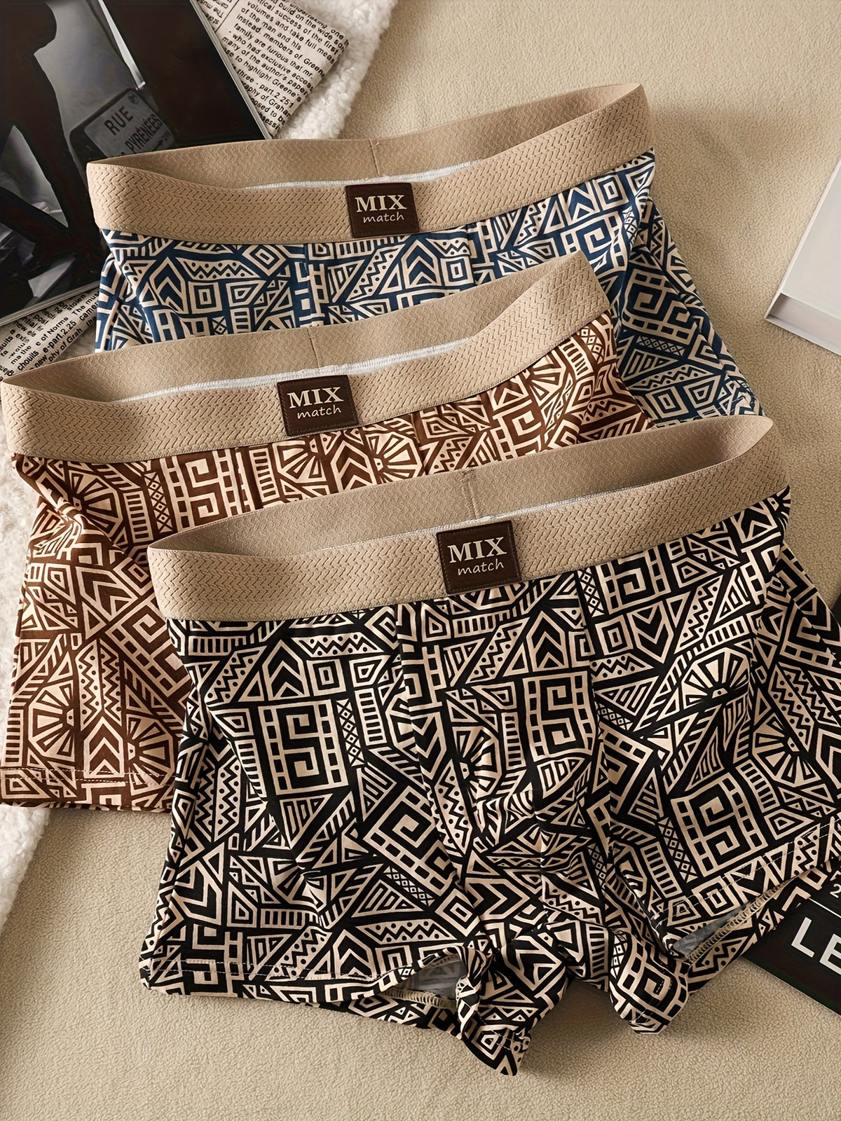 Boxer large respirant coton homme — lot de 5, géométrique