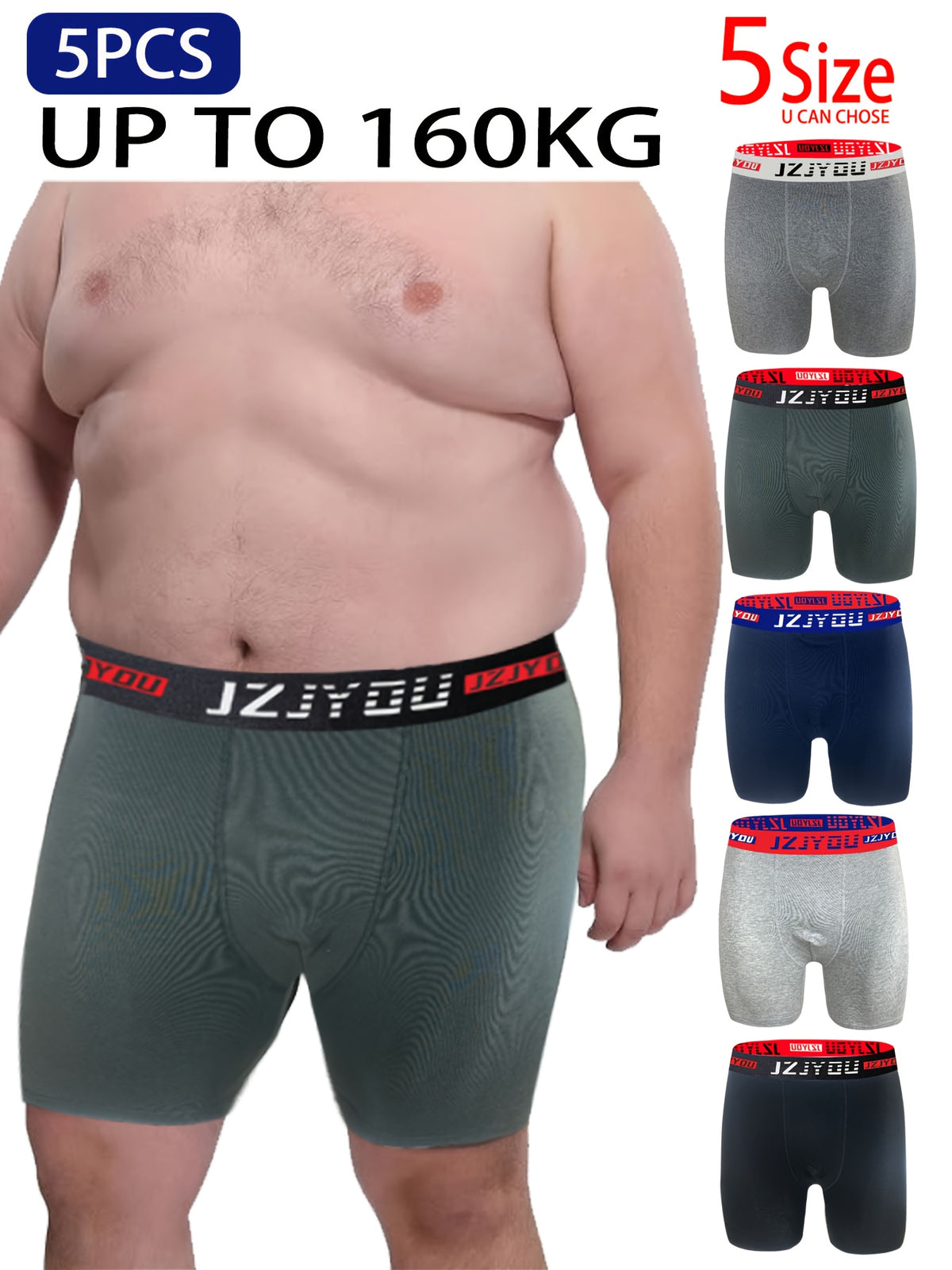 Boxer long grande taille coton homme — lot de 5, uni