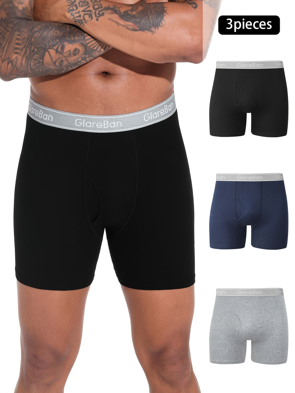Boxer long coton homme — lot de 3, uni, assortiment S