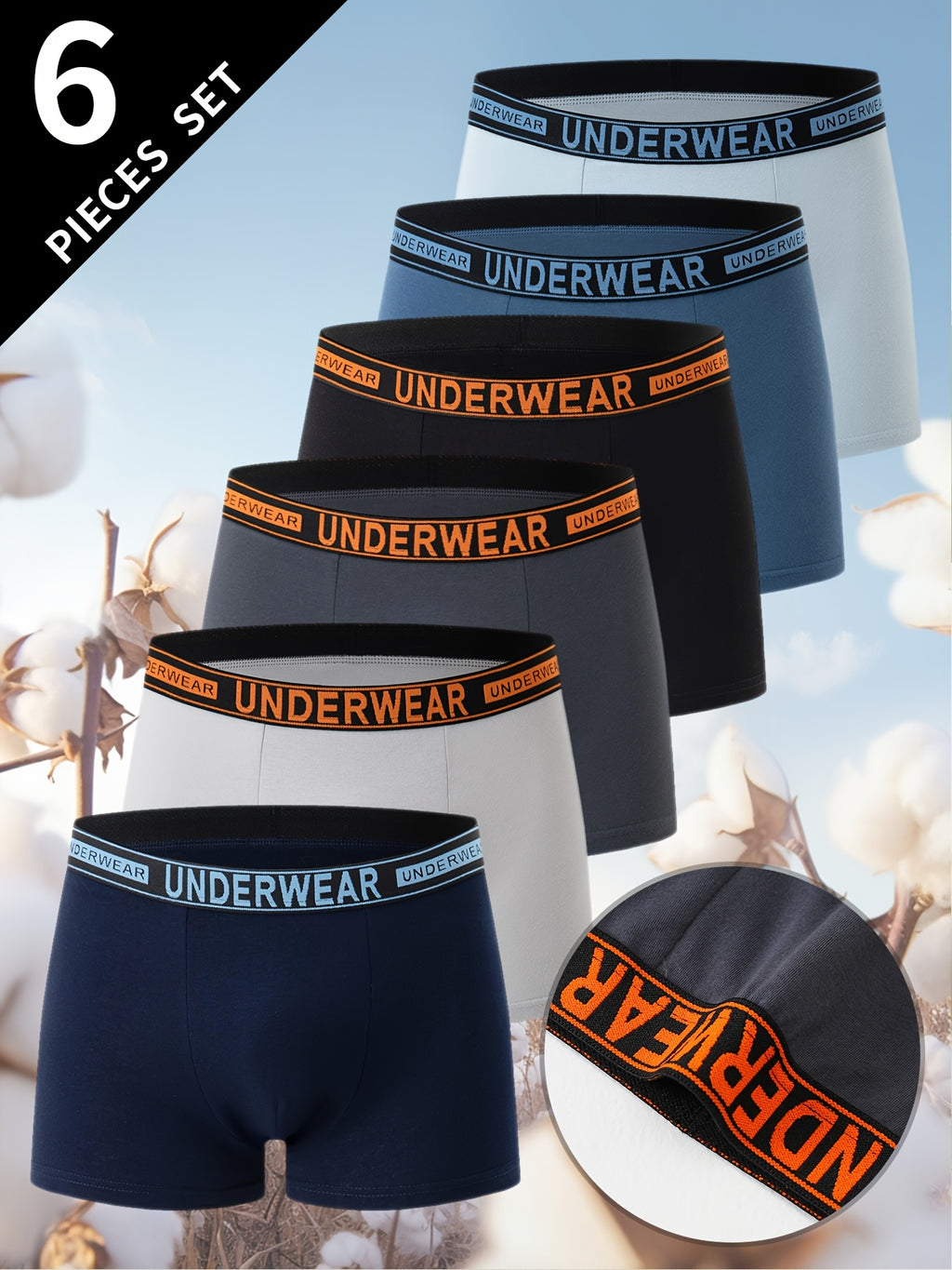 Boxer de sport respirant coton homme — lot de 6, uni, du XS au 3XL (modèle 2)