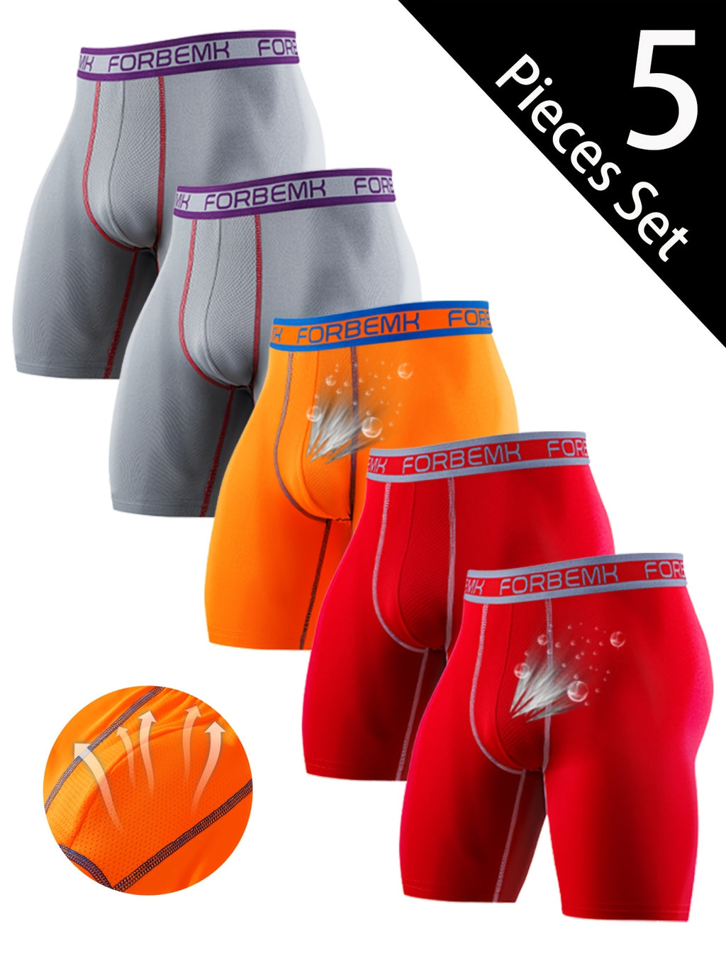 Boxer long de sport microfibre homme — lot de 5, uni, assortiment C