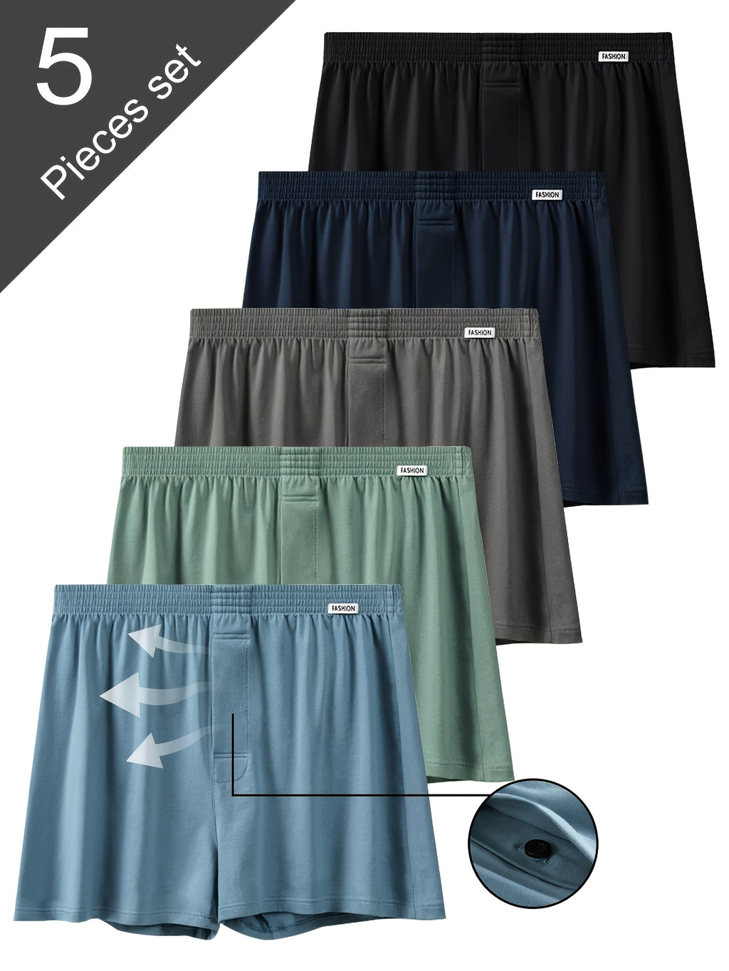 Boxer de sport respirant coton homme — lot de 5, uni, assortiment S, du S au XXL