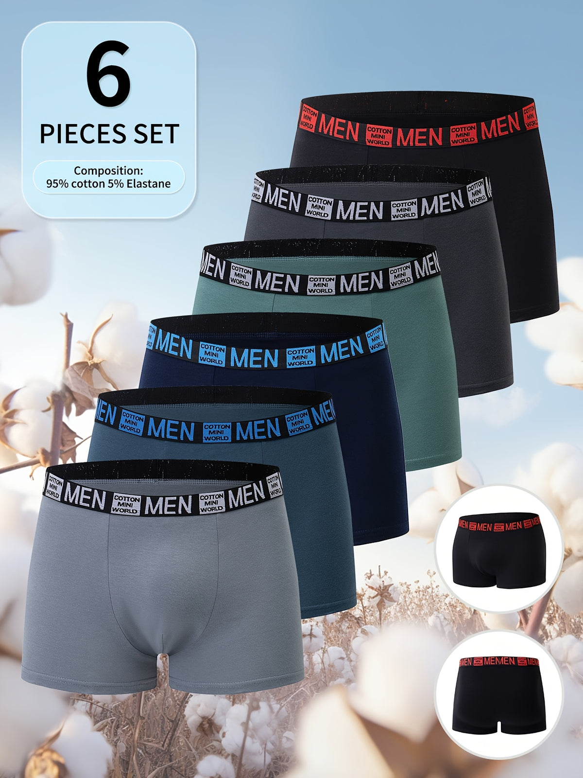 Boxer de sport respirant coton homme — lot de 6, uni, du XS au 3XL