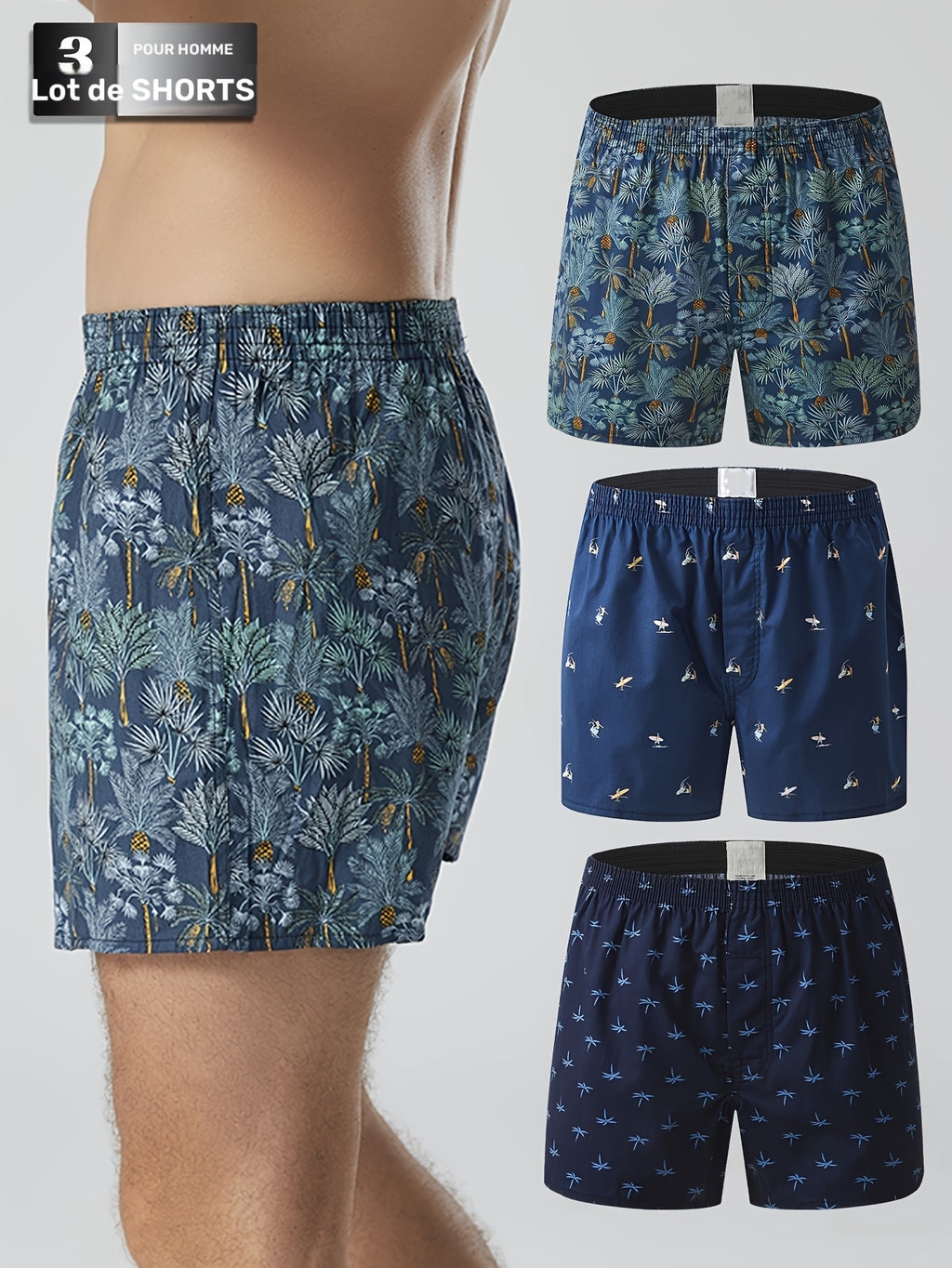 Boxer large respirant coton homme — lot de 3, assortiment S