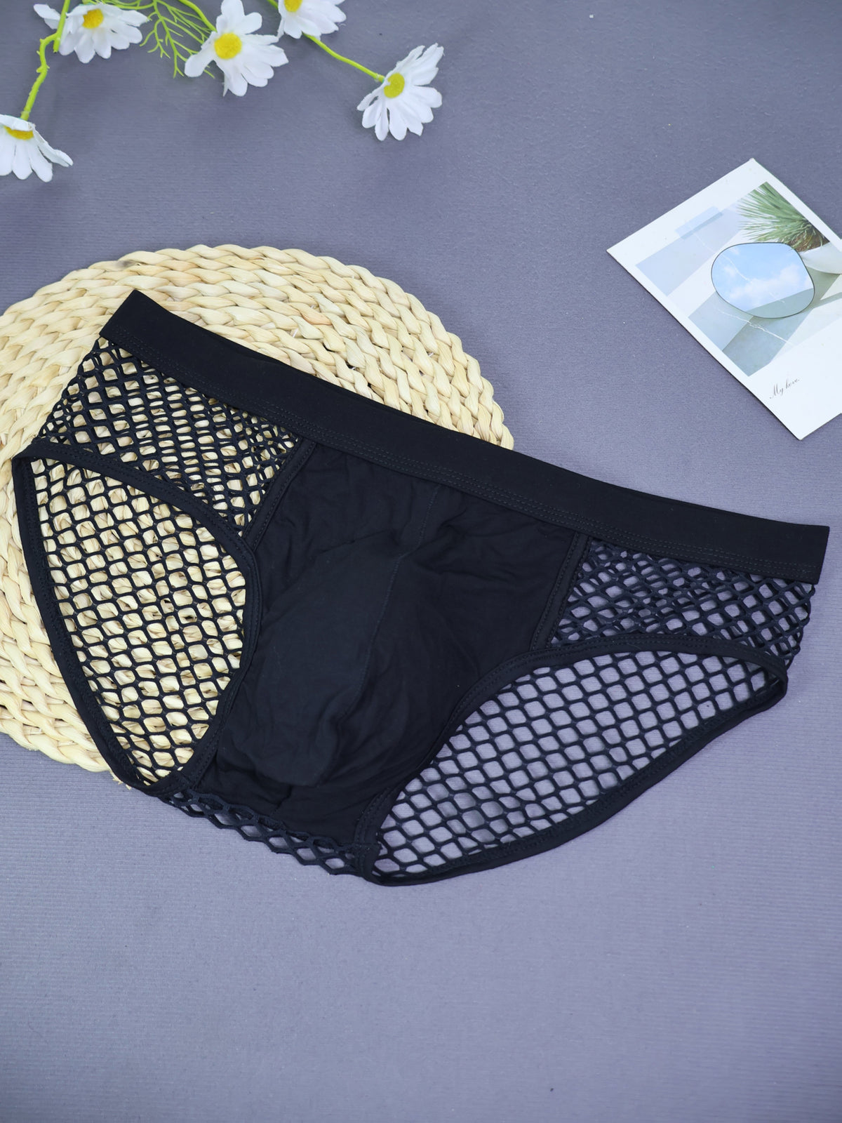 Slip à poche de maintien homme, coupe échancrée, noir, peu extensible