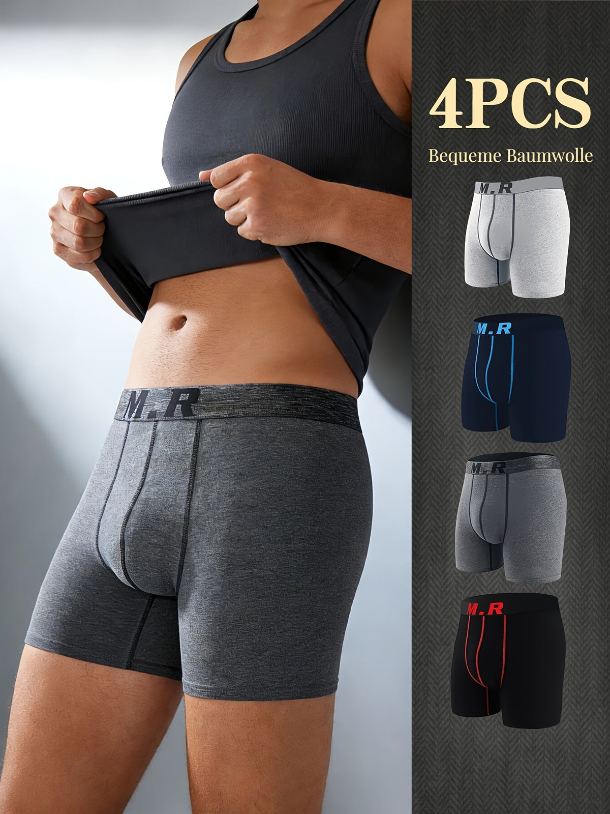 Boxer de sport respirant coton homme — lot de 4, uni, assortiment S, du M au 3XL