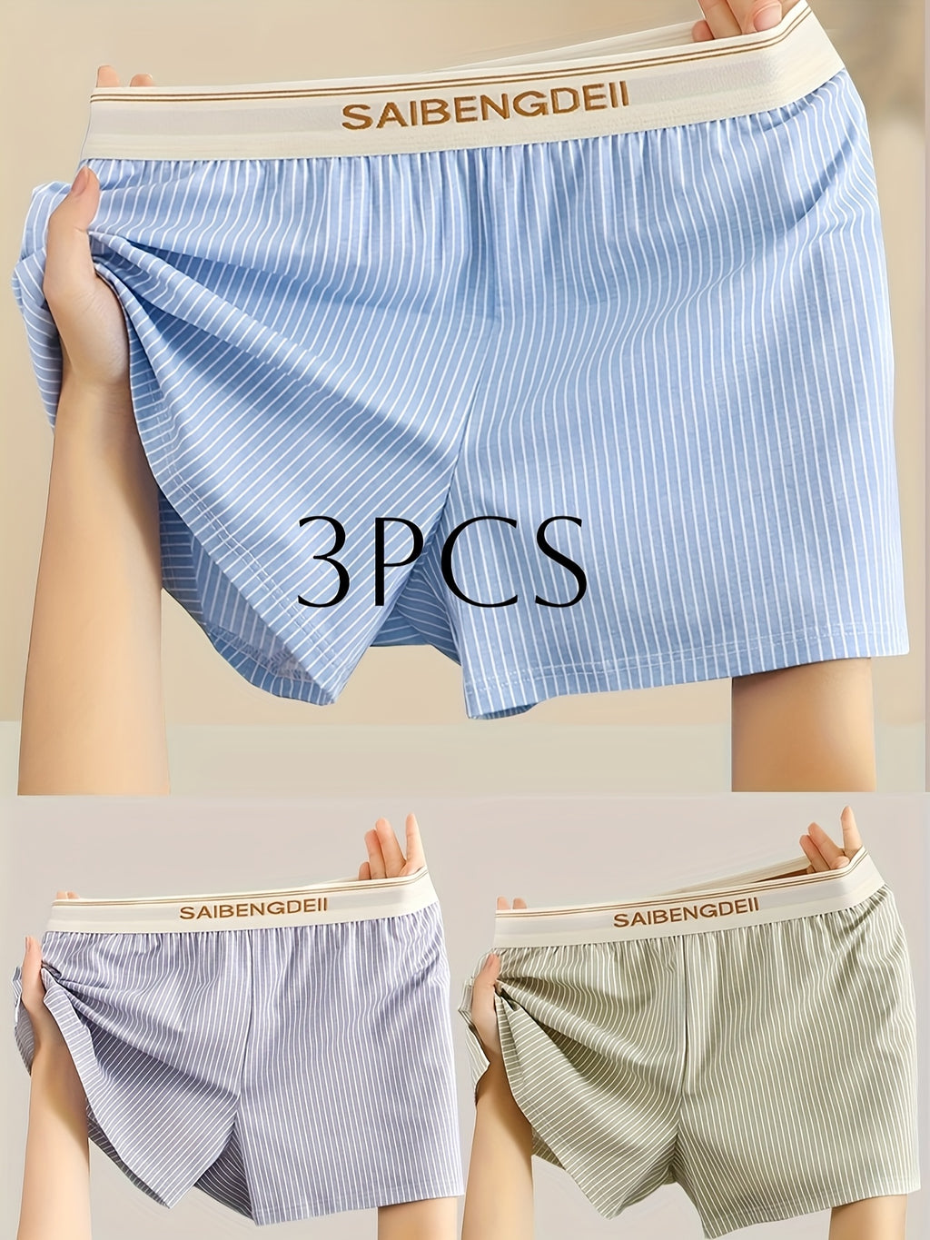 Boxer long large coton homme — lot de 3, rayé