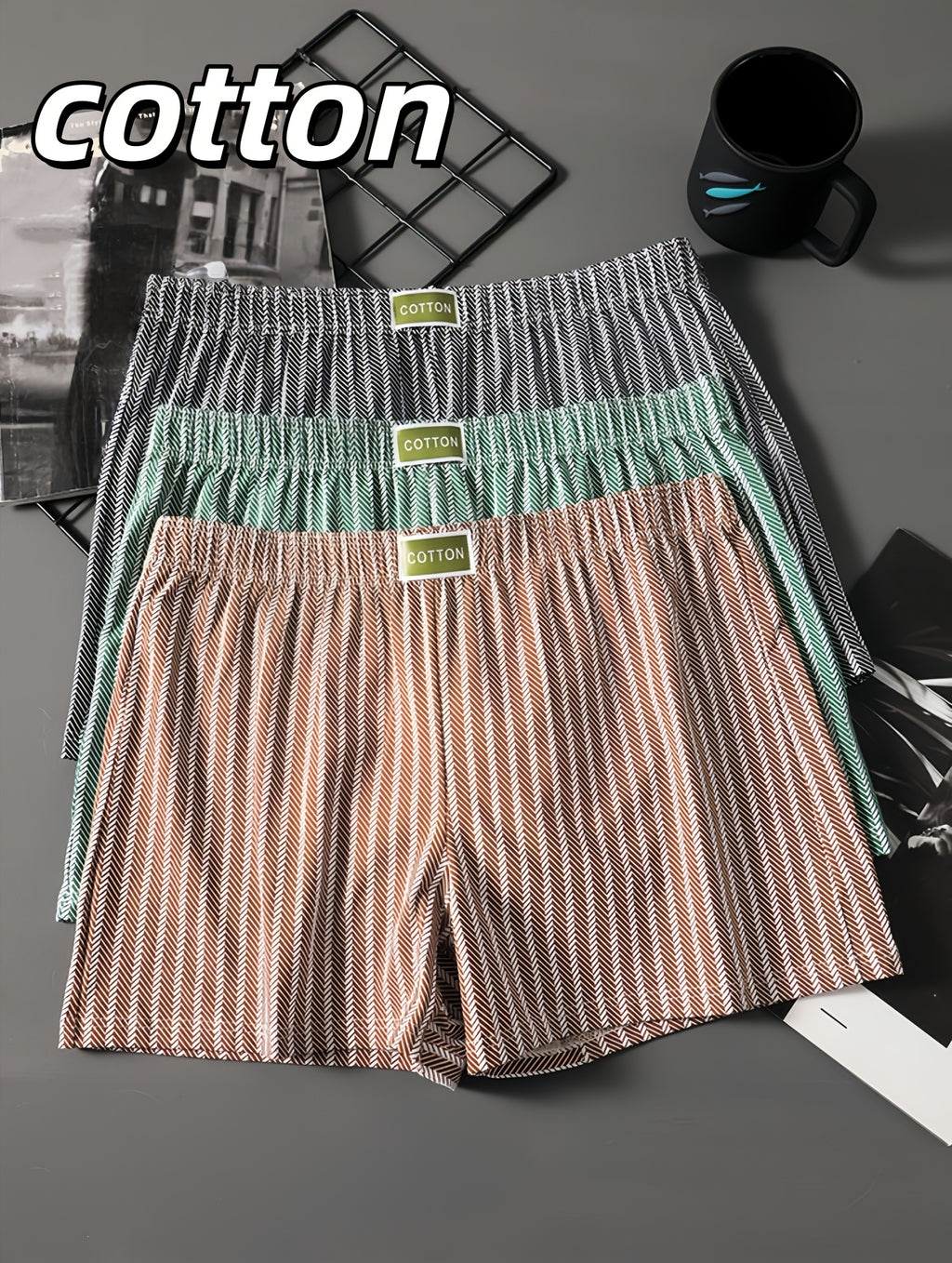 Boxer large d'intérieur coton homme — lot de 3, rayé