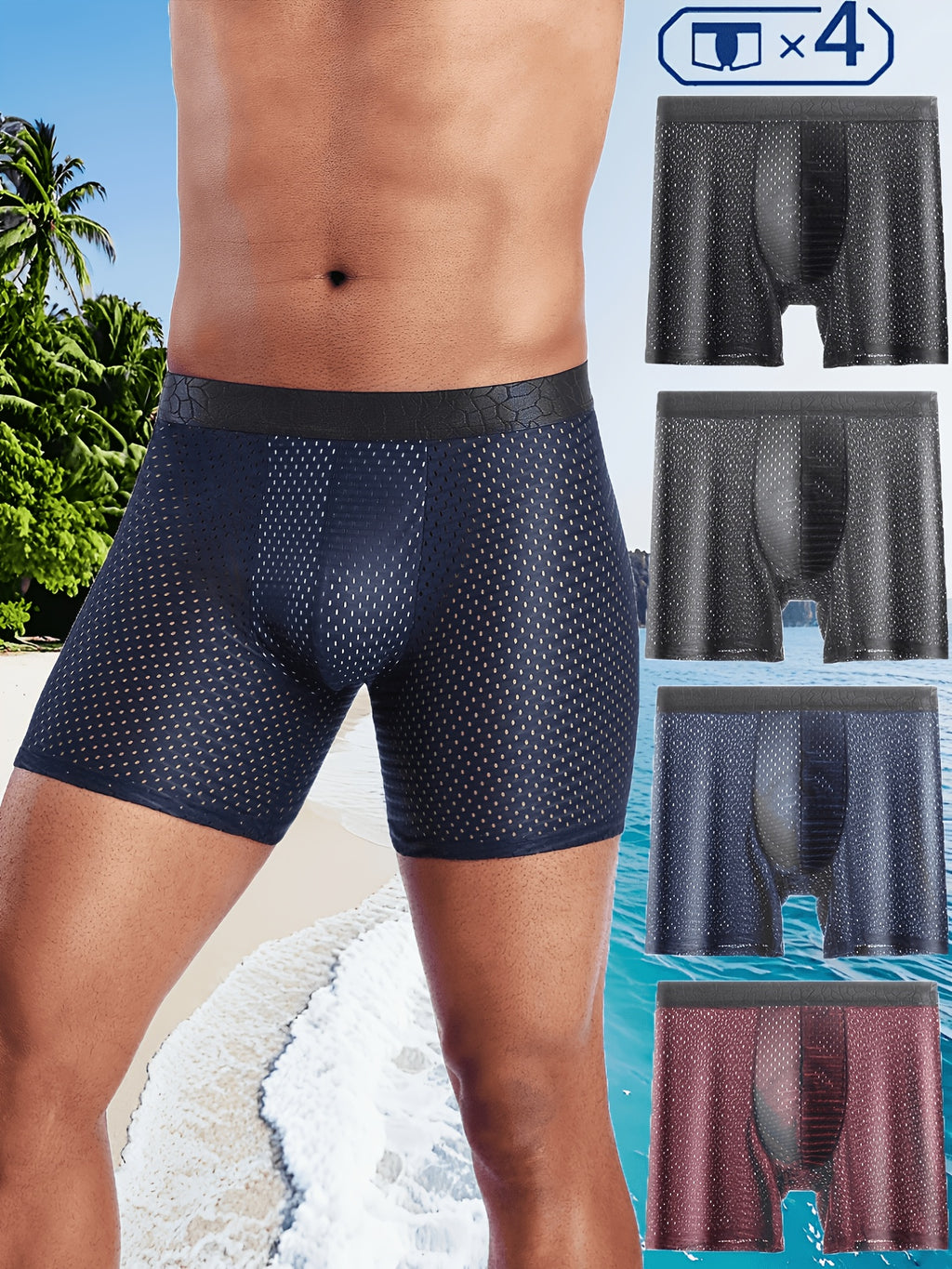 Boxer respirant microfibre homme — lot de 4, uni, assortiment A