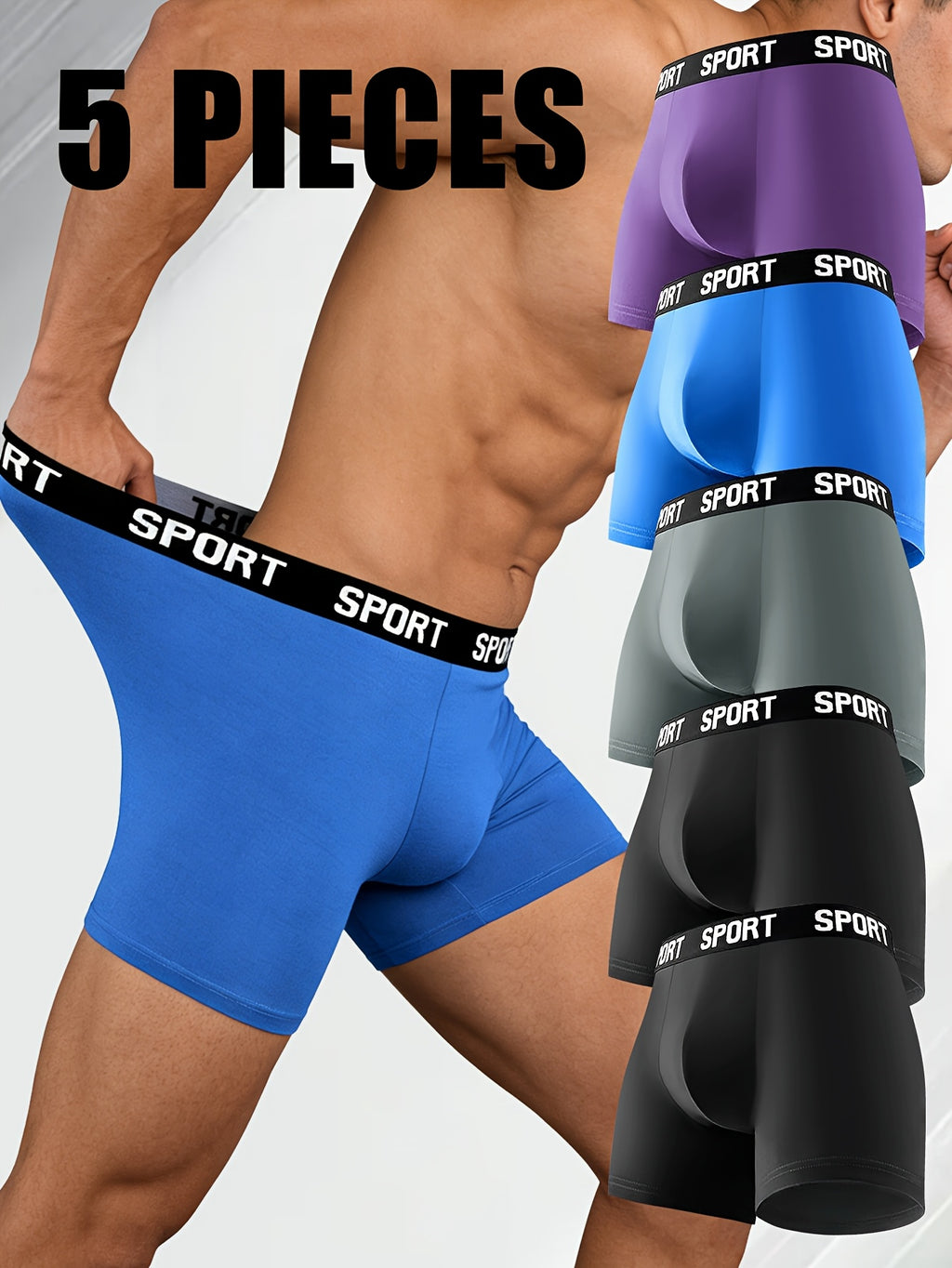Boxer long de sport microfibre homme — lot de 5, uni, assortiment A