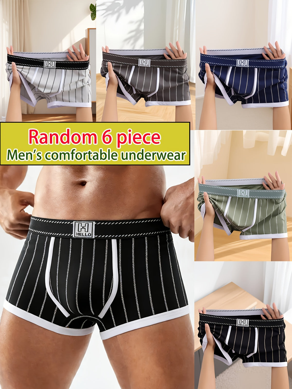 Boxer de sport respirant coton homme — lot de 6, rayé