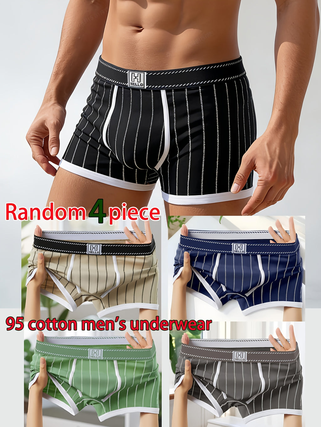 Boxer de sport respirant coton homme — lot de 4, rayé, du XS au XL