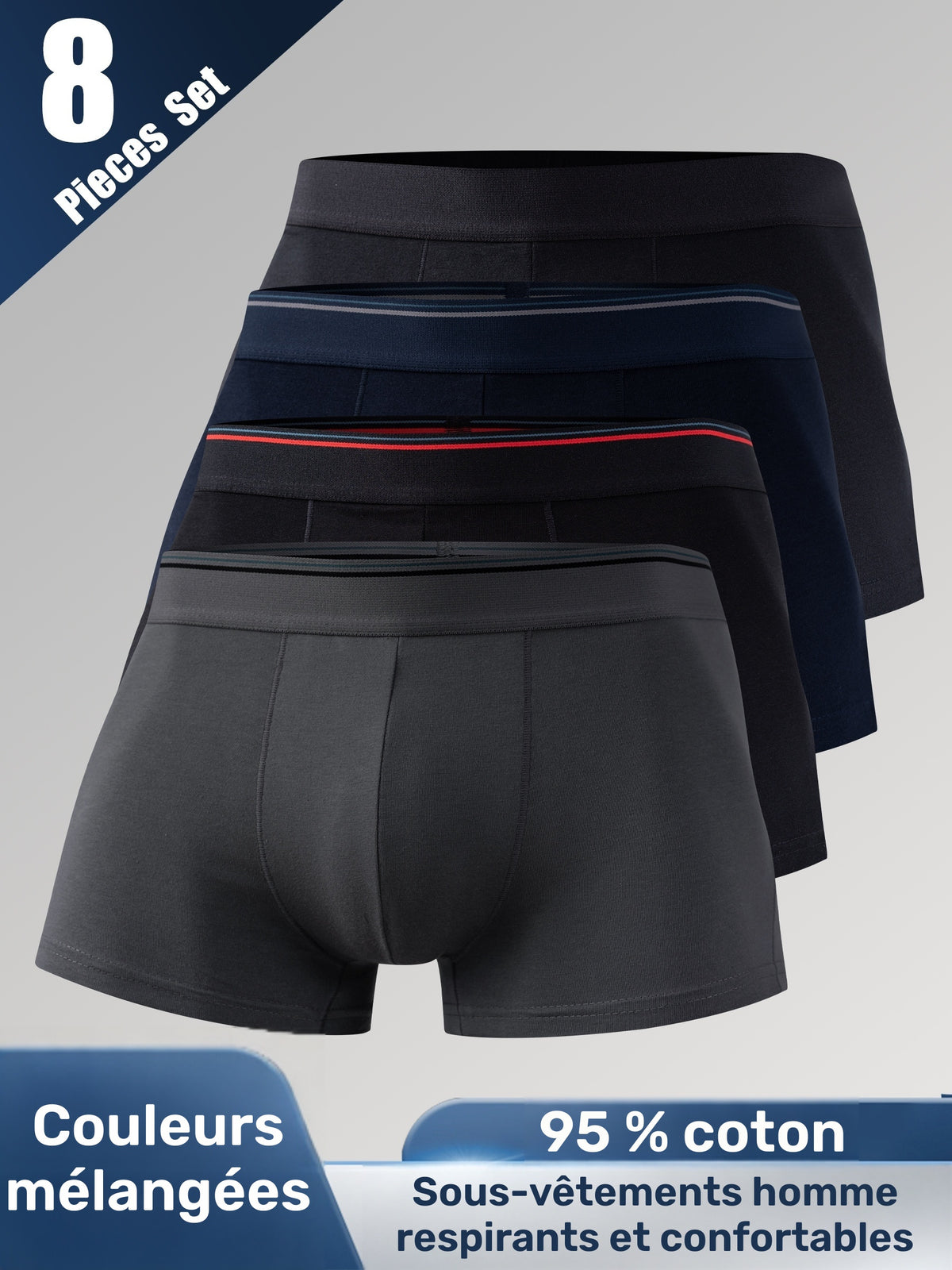 Boxer respirant à poche de maintien coton homme — lot de 8, uni