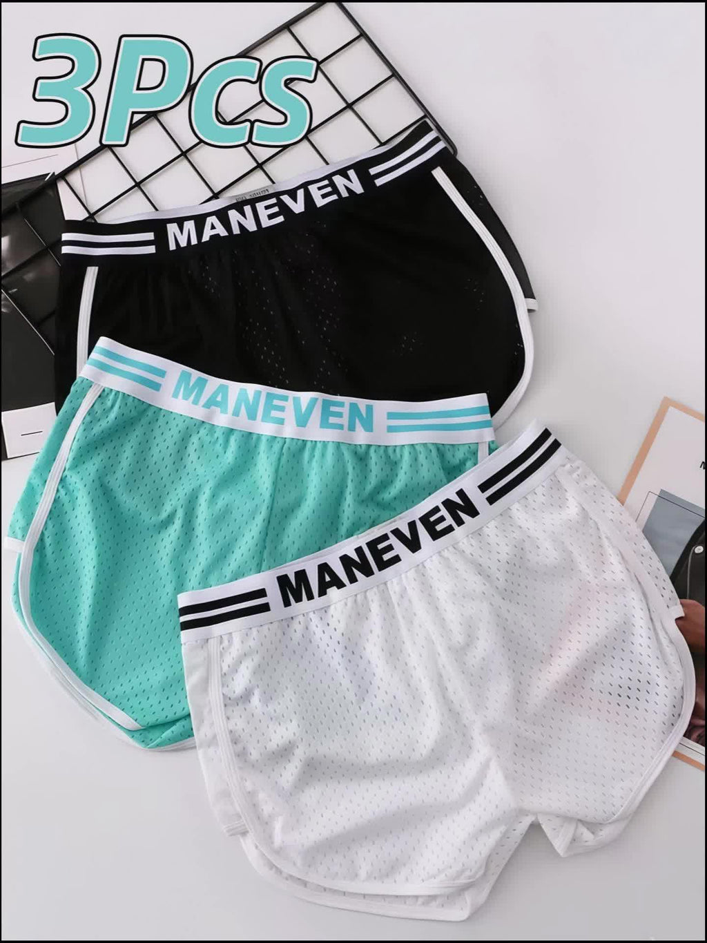 Boxer respirant microfibre homme — lot de 3, bleu-vert+blanc+noir