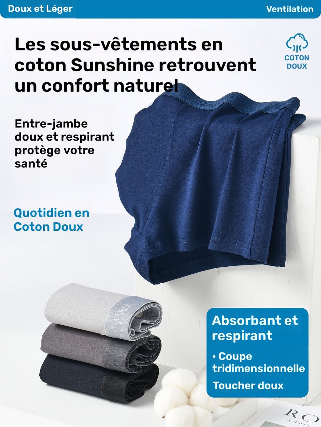 Boxer coton homme — lot de 3, uni, du XS au 3XL