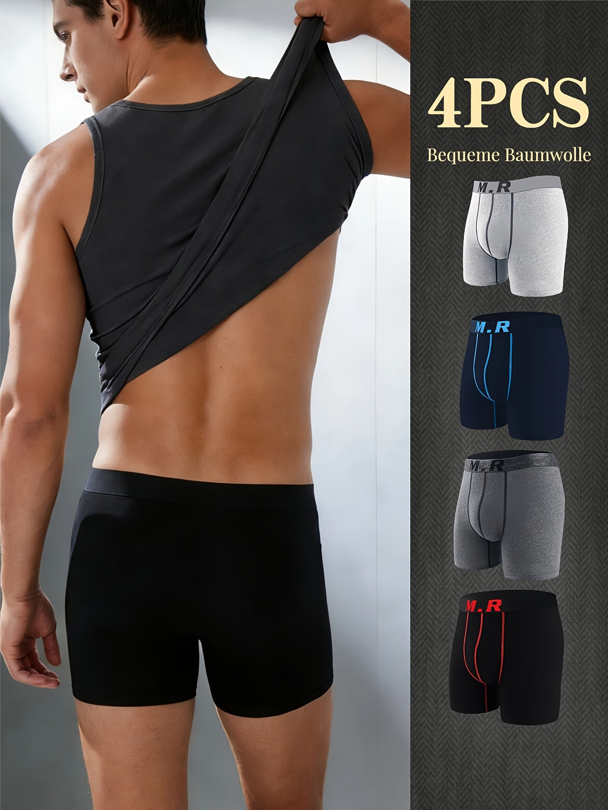 Boxer de sport respirant coton homme — lot de 4, uni, assortiment S, du M au 3XL