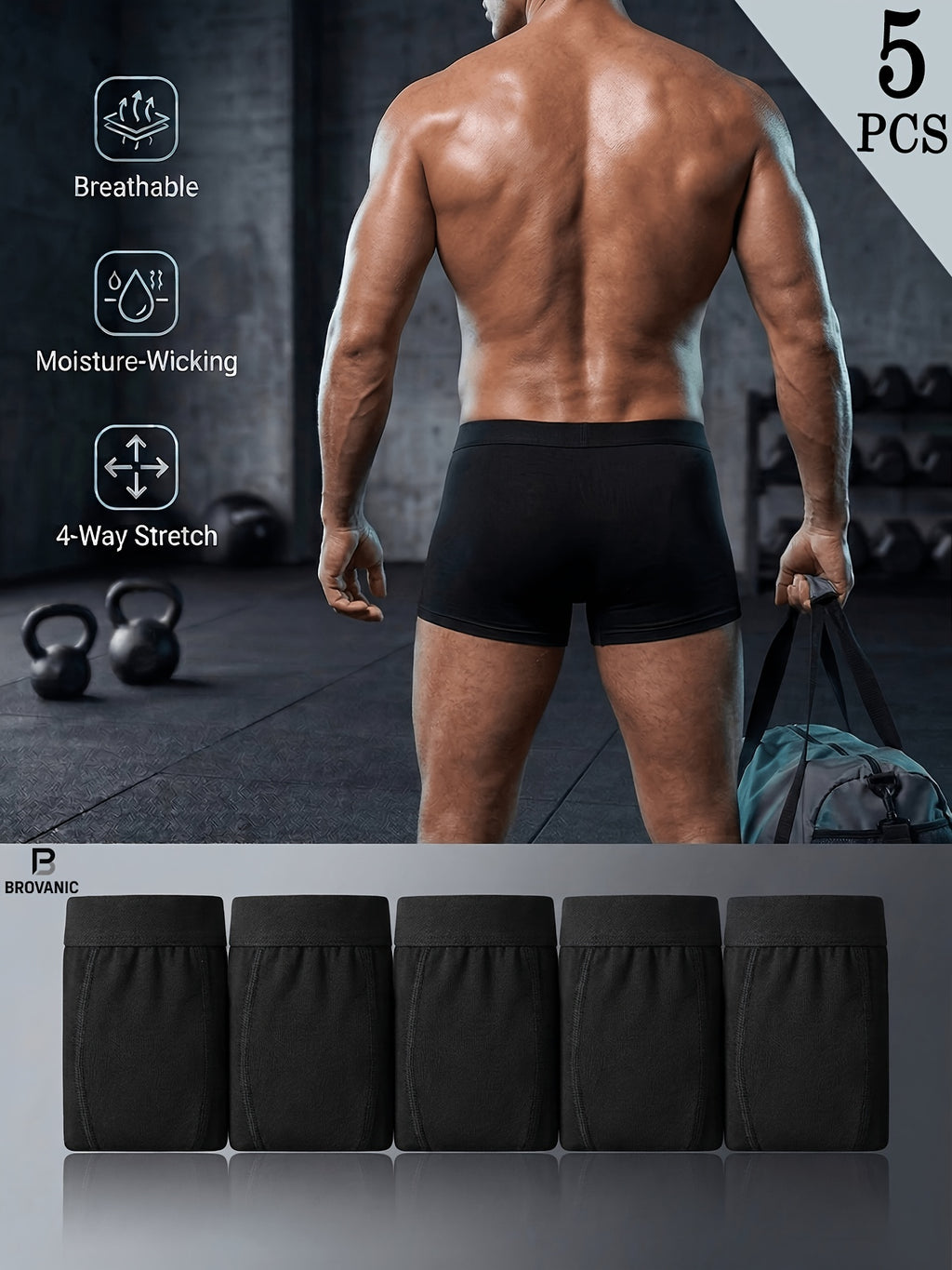 Boxer sans couture de sport microfibre homme — lot de 5, noir