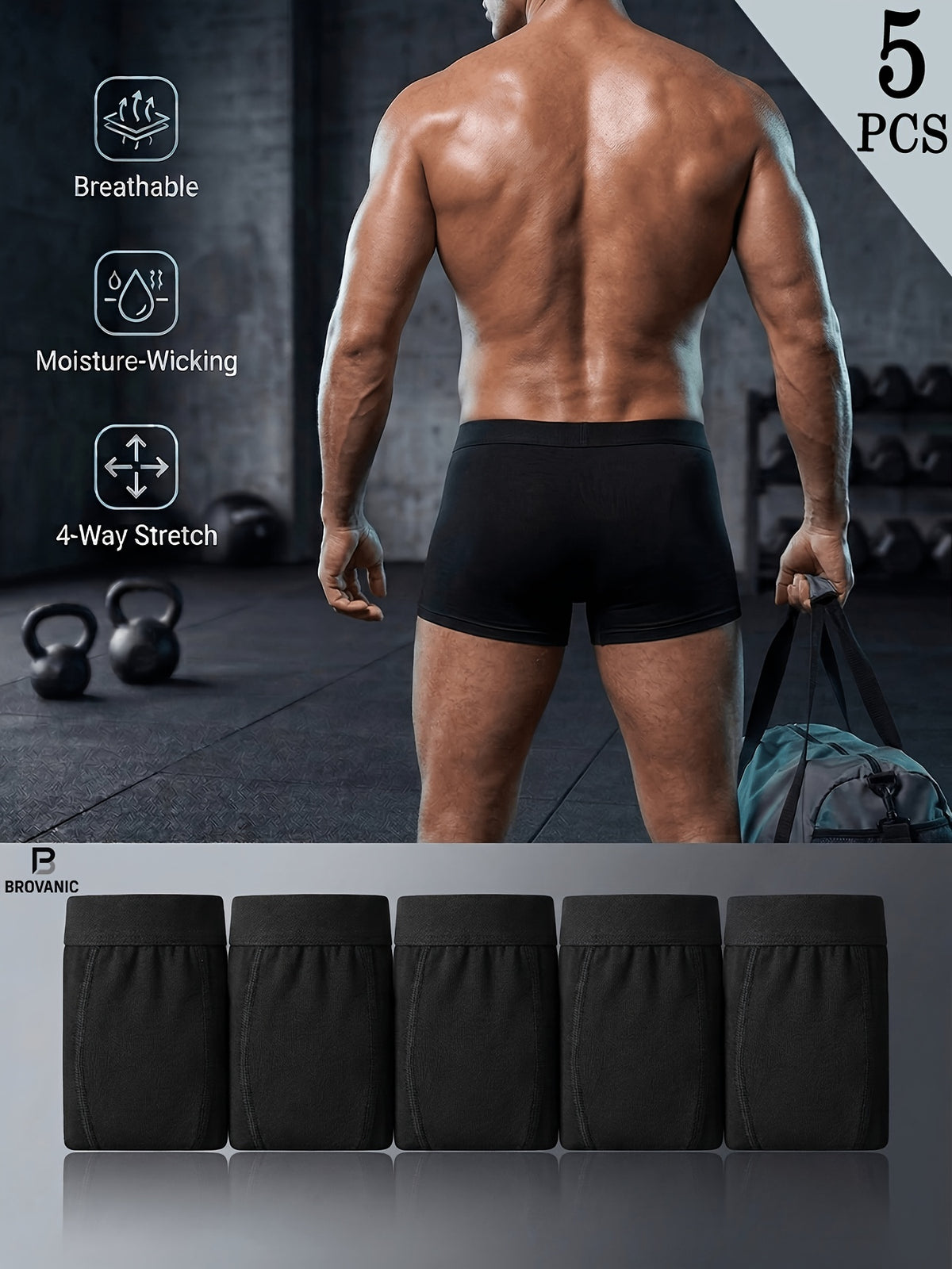 Boxer sans couture de sport microfibre homme — lot de 5, noir