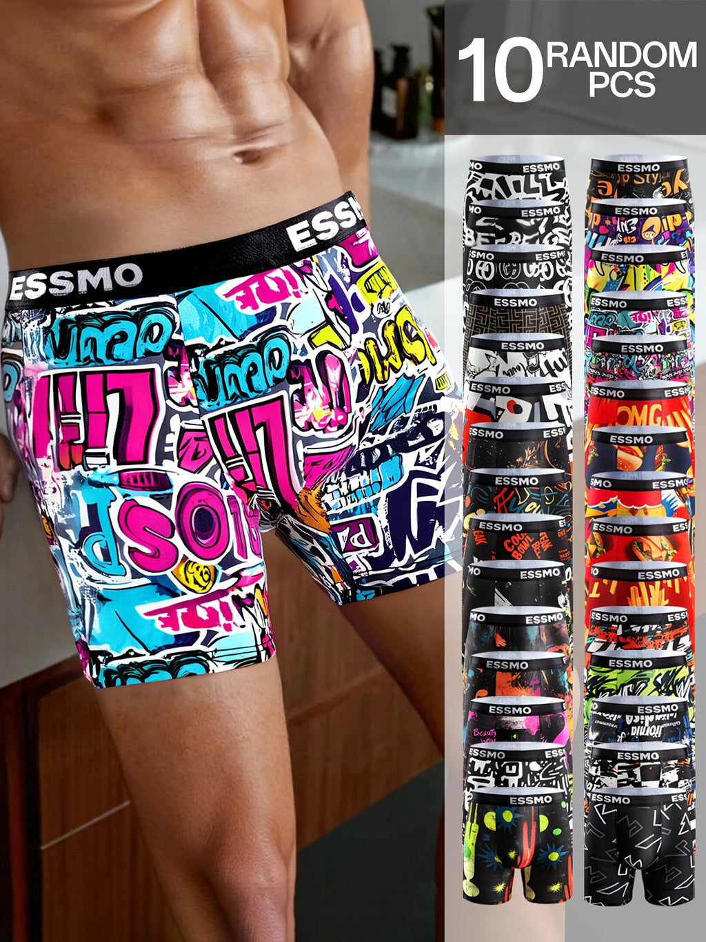 Boxer long microfibre homme — lot de 10, géométrique