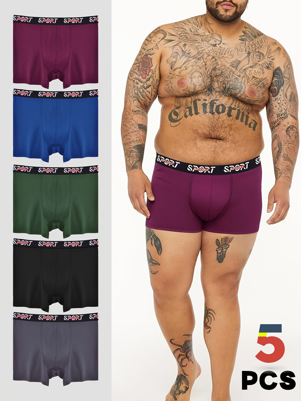 Boxer grande taille de sport microfibre homme — lot de 5, uni, assortiment S