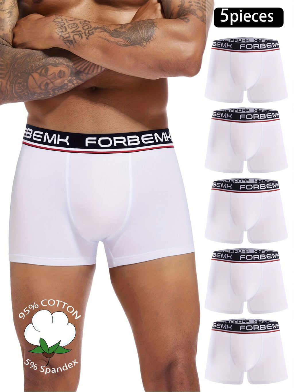 Boxer de sport coton homme — lot de 5, blanc