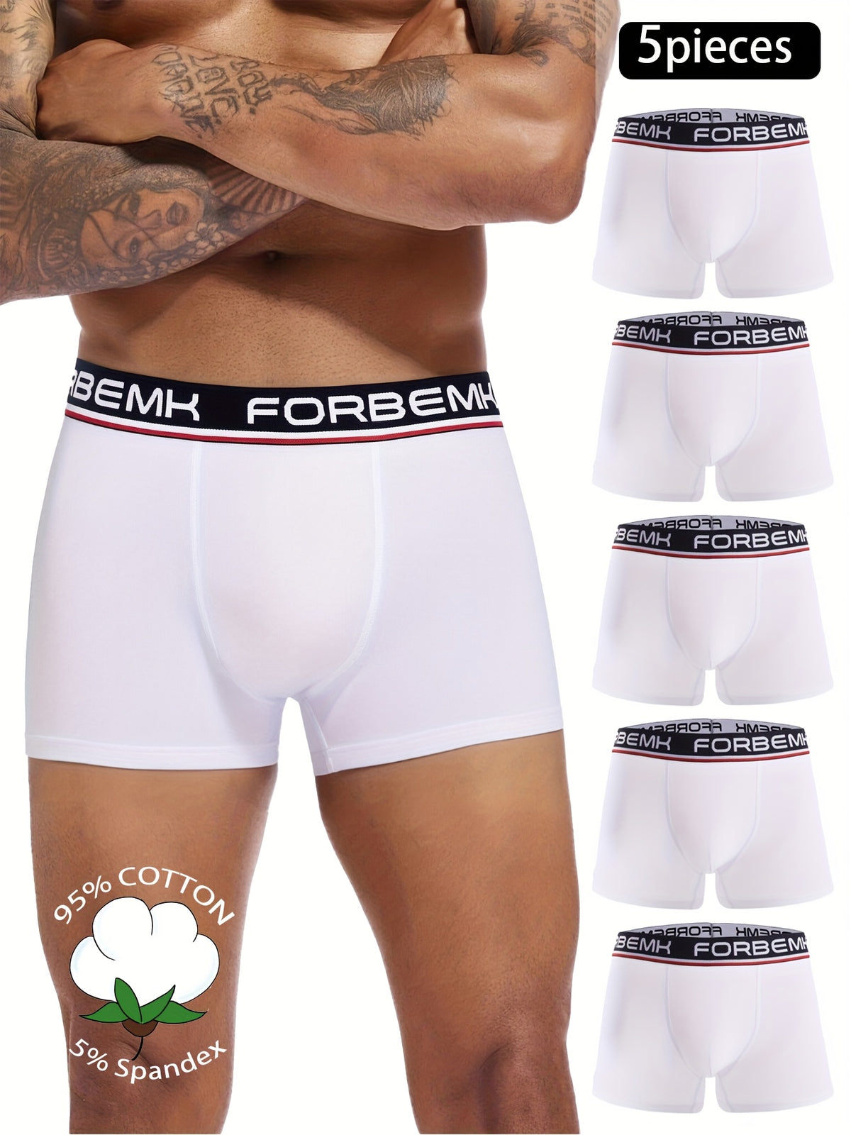 Boxer de sport coton homme — lot de 5, blanc