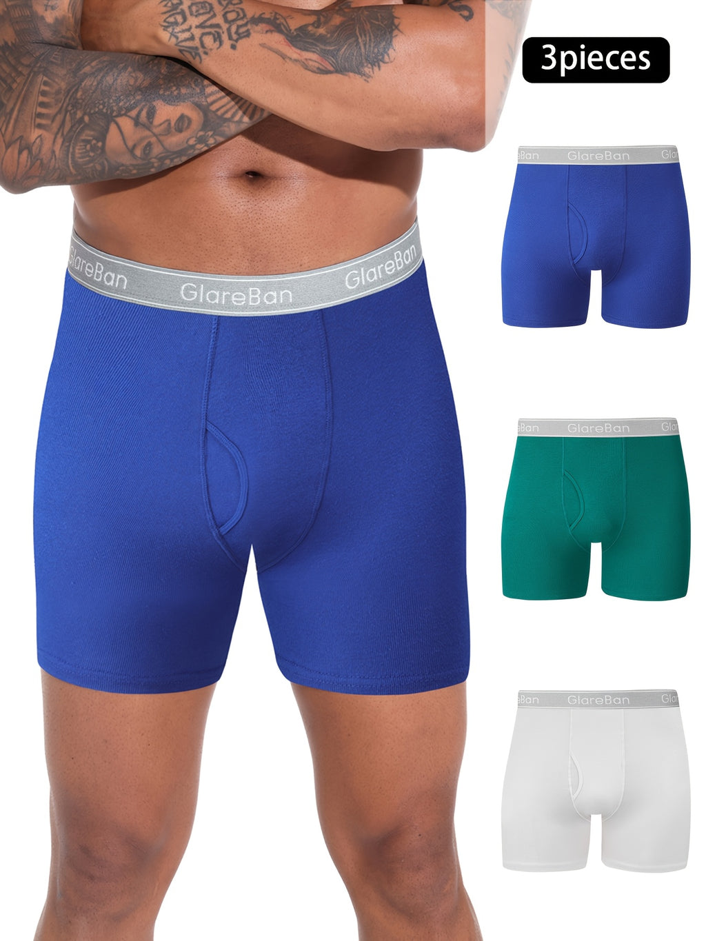 Boxer long coton homme — lot de 3, uni, assortiment S