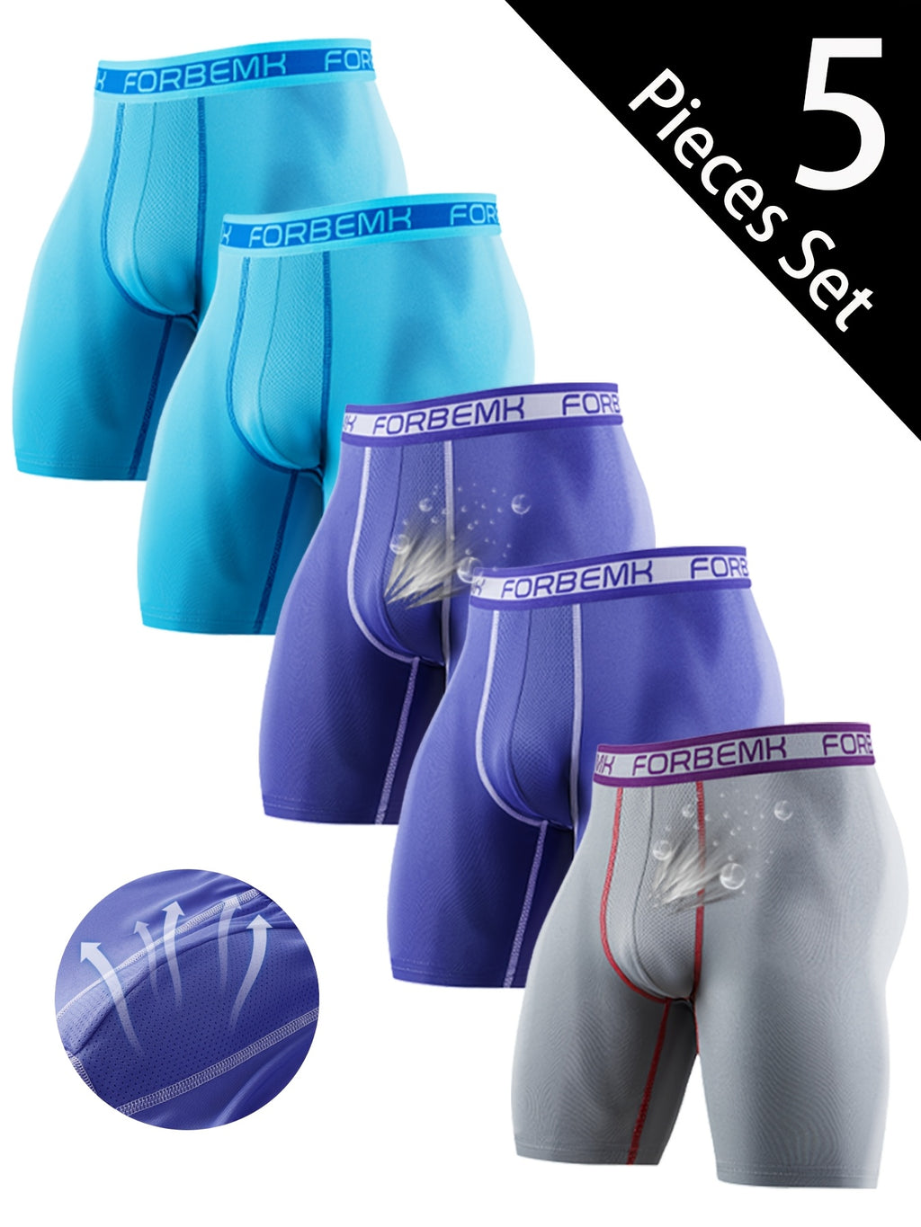 Boxer long de sport microfibre homme — lot de 5, uni, assortiment C