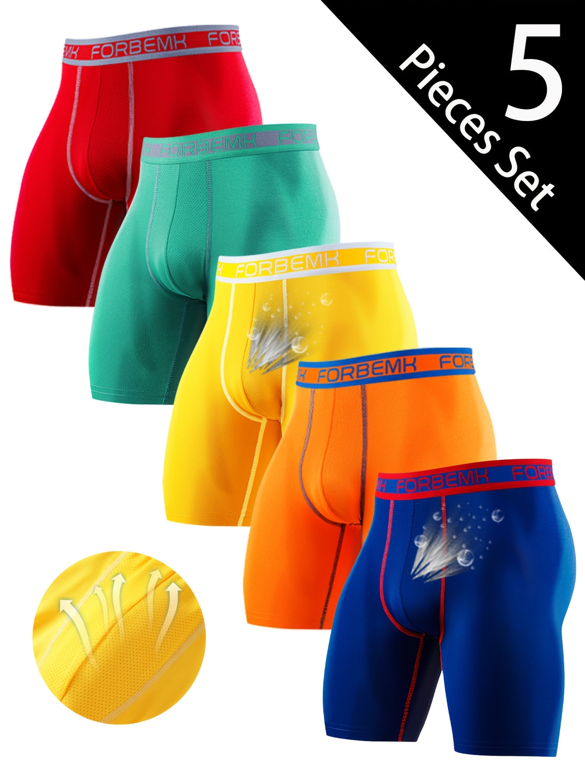 Boxer long de sport microfibre homme — lot de 5, uni, assortiment C
