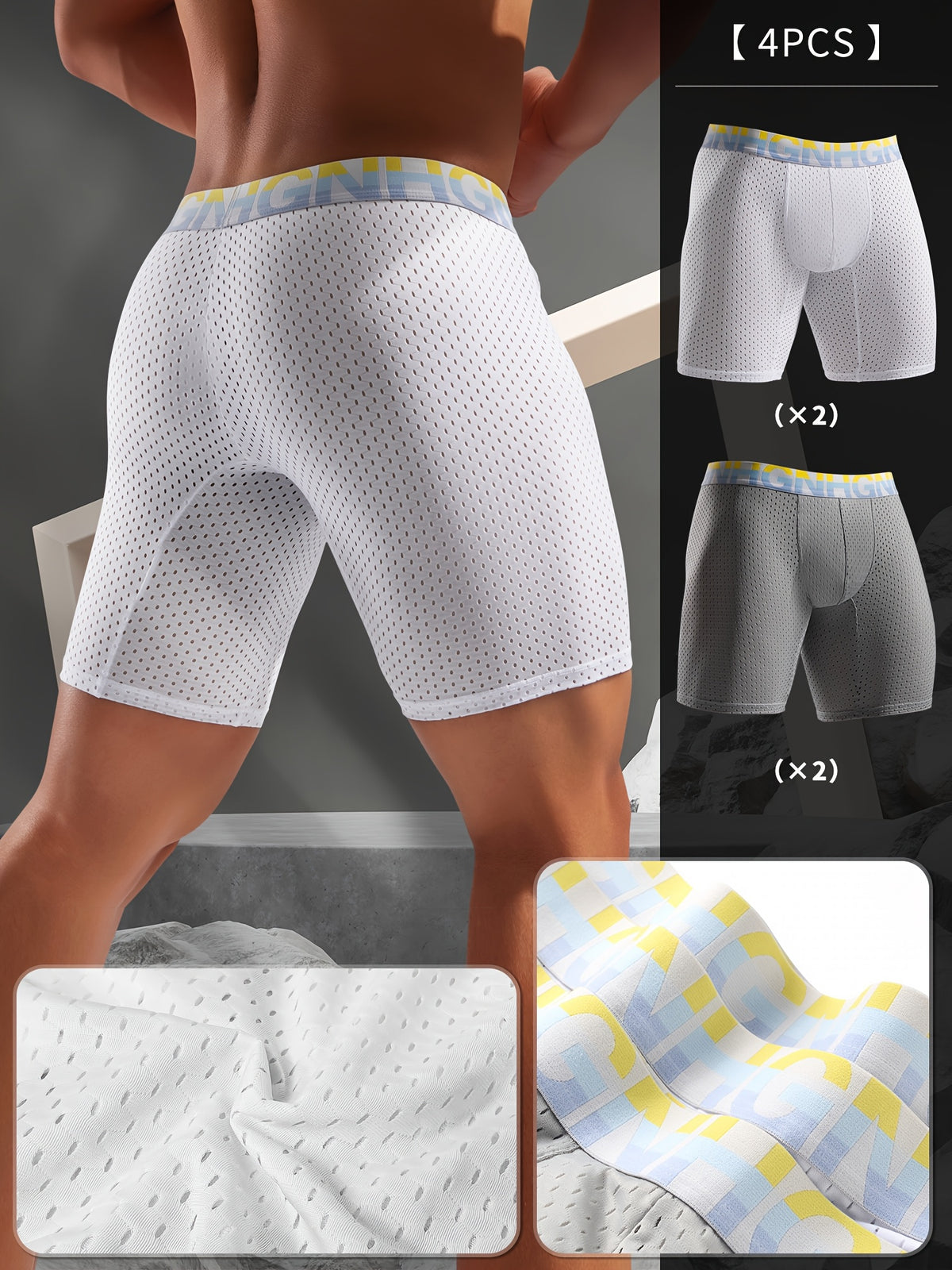 Boxer long de sport microfibre homme — lot de 4, uni