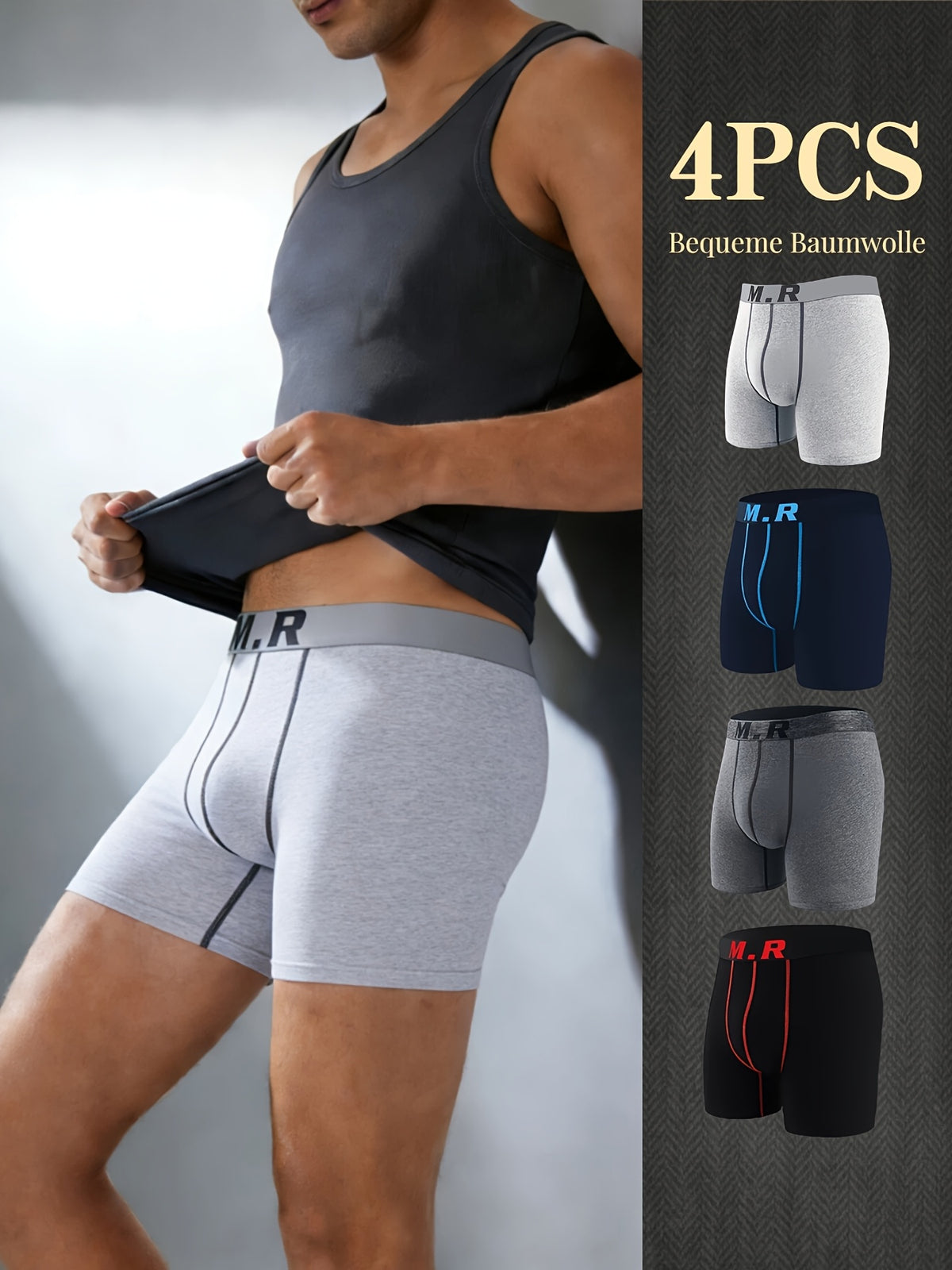 Boxer de sport respirant coton homme — lot de 4, uni, assortiment S, du M au 3XL