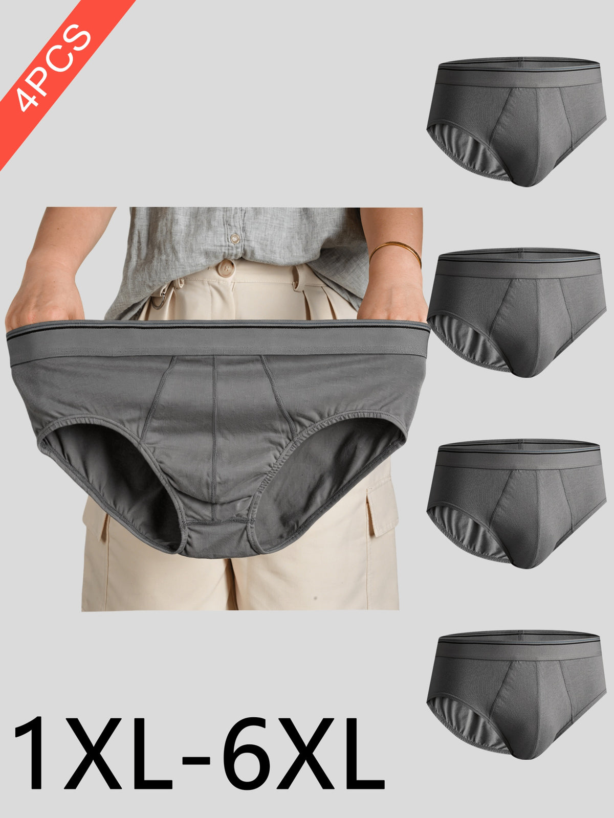Slip grande taille respirant coton homme — lot de 4, uni