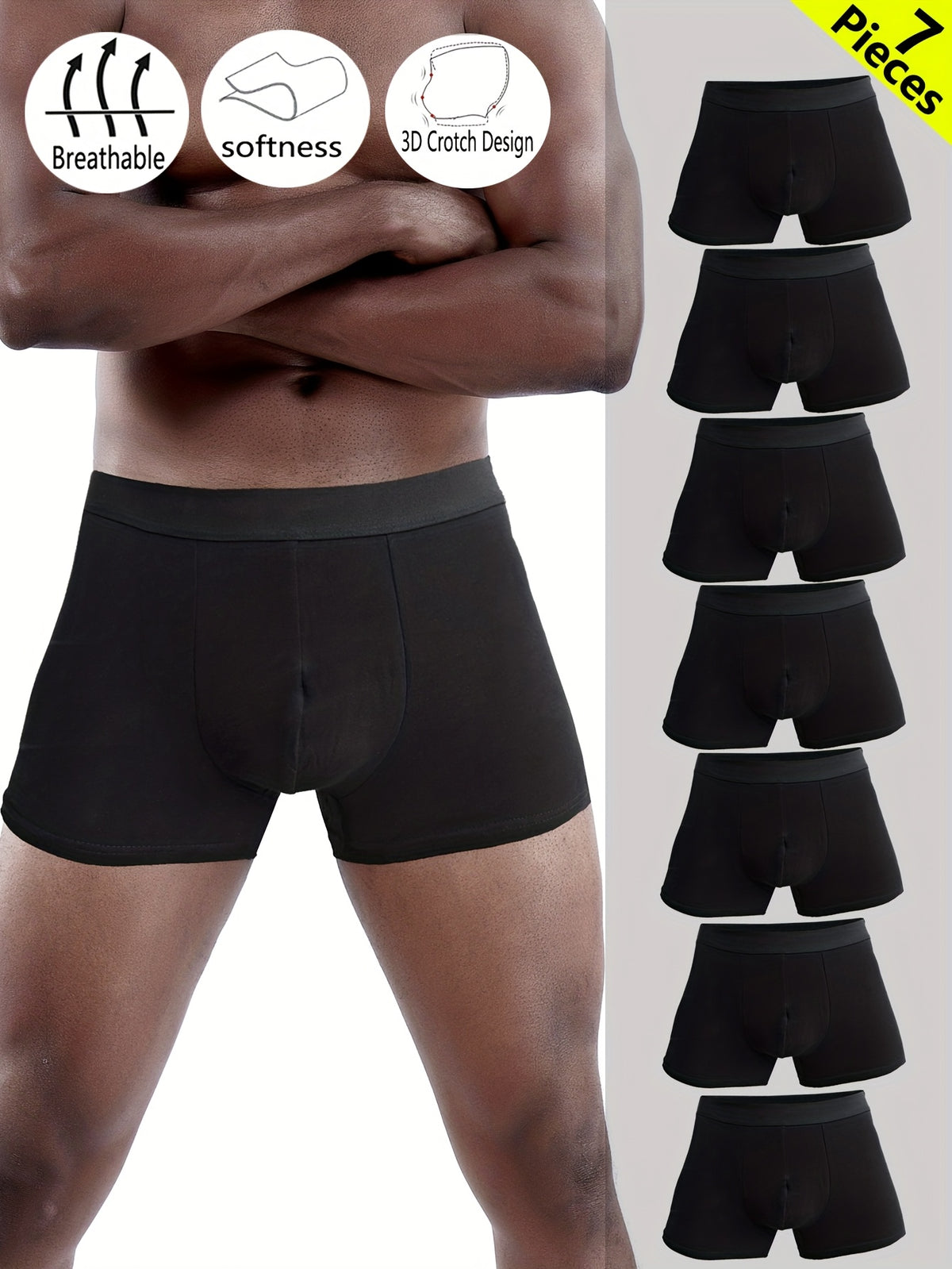 Boxer respirant coton homme — lot de 7, noir