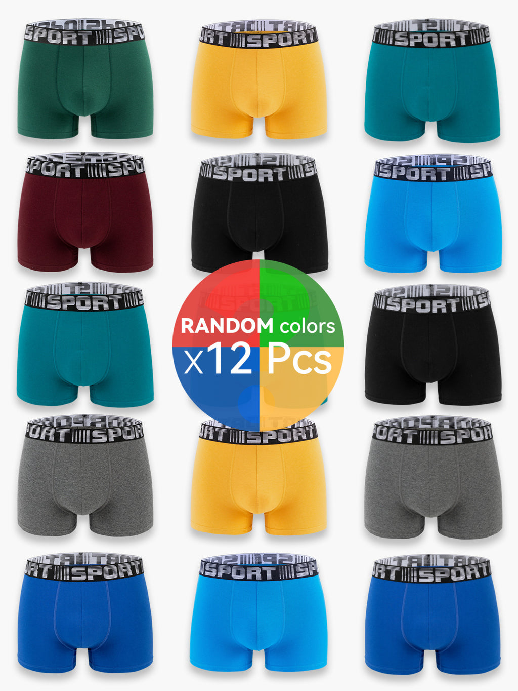 Boxer de sport respirant coton homme — lot de 12, uni