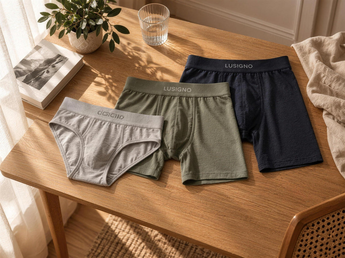 Trois boxers homme pliés sur une table en bois : écru, vert sauge et terracotta Image